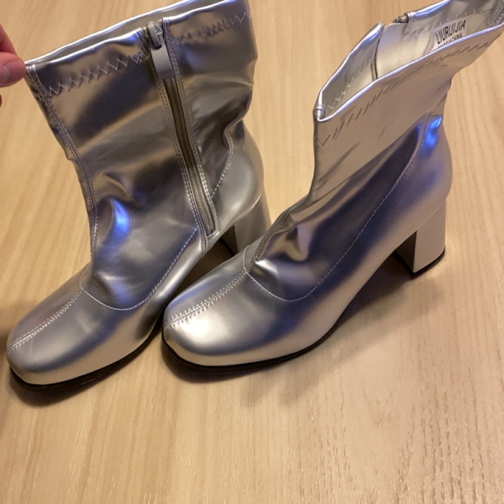 Metallic Silver Block Heel Ankle Boots - Women's